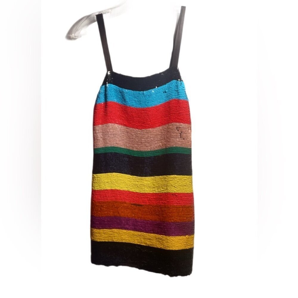 Alice + Olivia Black Striped Sequin Shift Dress | Square Neck Sleeveless 0 - Picture 3 of 5